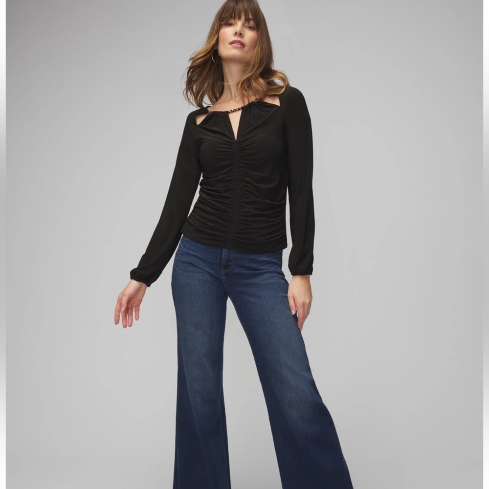 NWT White House Black Market Long Sleeve Ruched Chain Matte Black Jersey Top - Picture 2 of 7